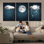 3 Piece Indigo Cloud Wall Art, Thunderstorm Moon Cloud Artwork