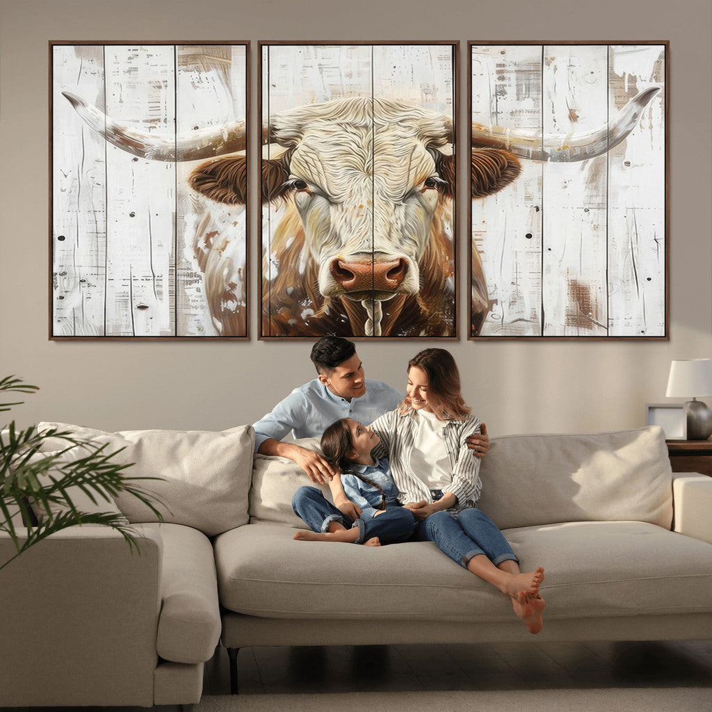 Rustic Longhorn Bull Wall Art Canvas Set
