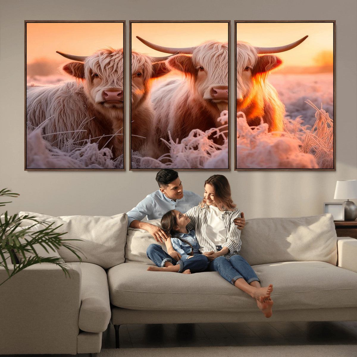 Highland Cows at Sunrise Wall Art Canvas Set