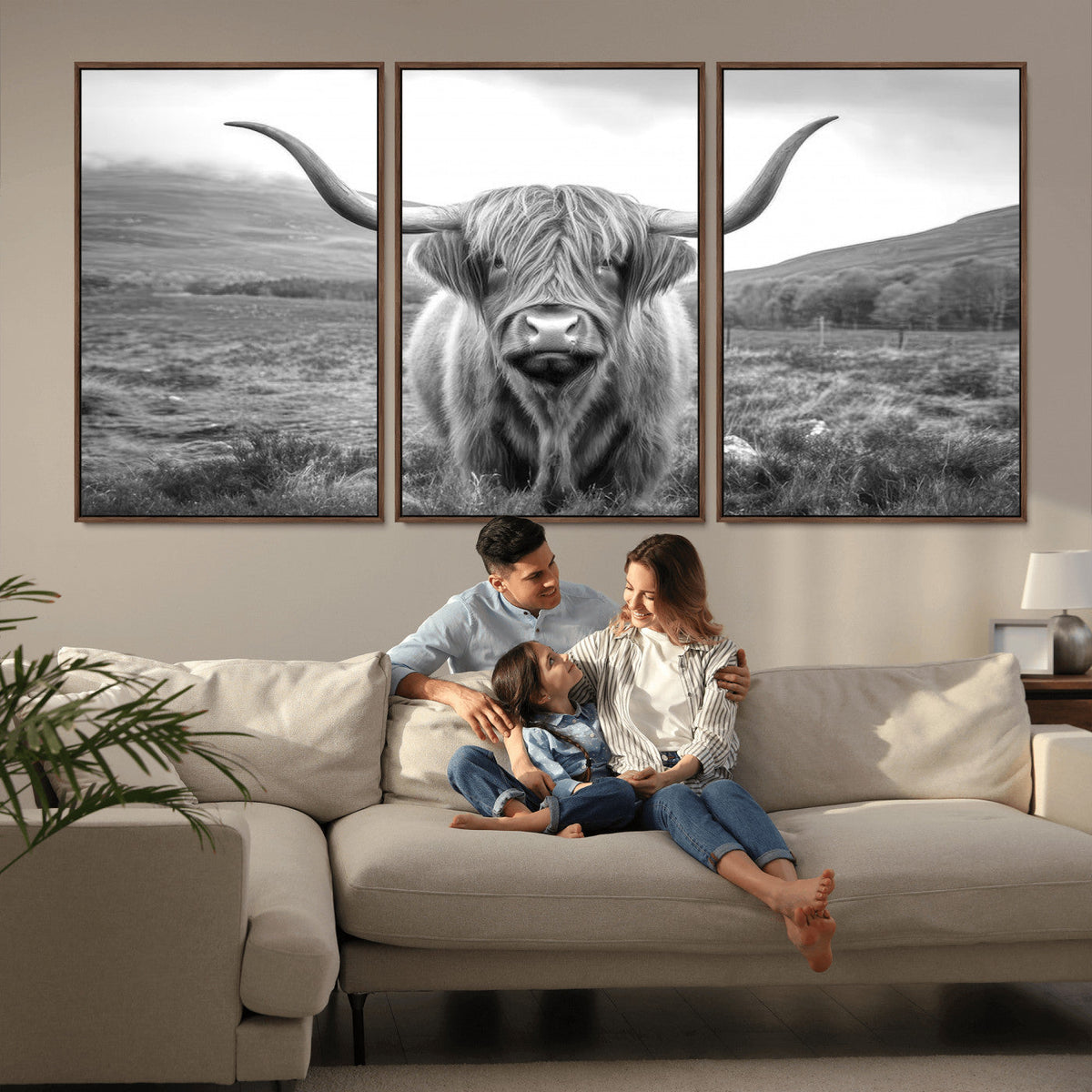 Black White Scottish Highland Cow Canvas Farm Wall Art