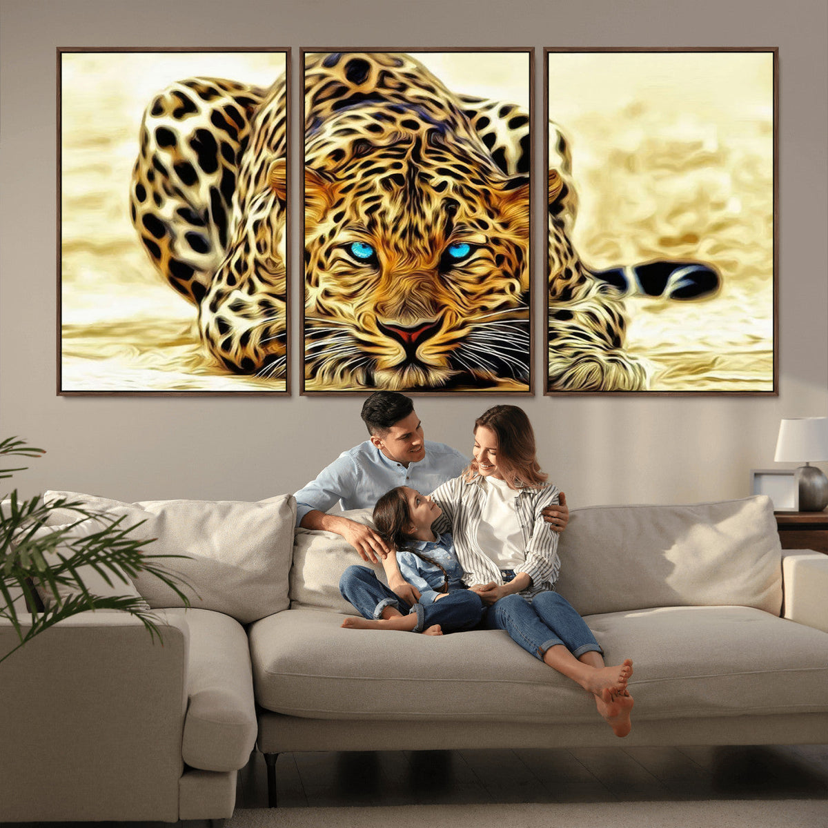 Blue-Eyed Leopard Canvas Wall Art, Framed Animal Print, Fierce and Bold Decor for Living Rooms