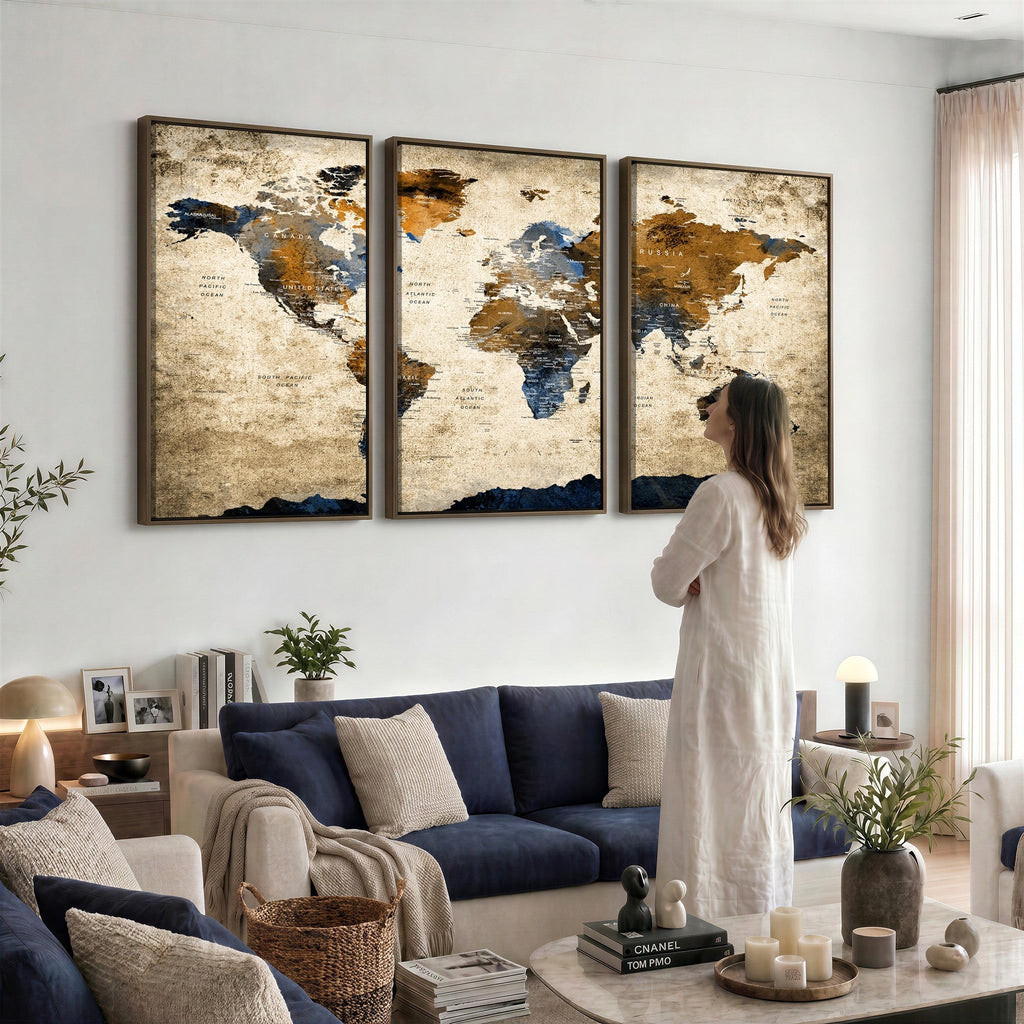 World Map Wall Art | Antique Style Blue and Brown Map Canvas Print