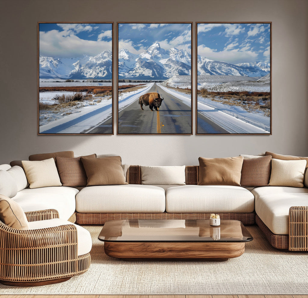 Bison Wall Art | Snowy Road Wall Art | Framed Mountain Landscape Canvas
