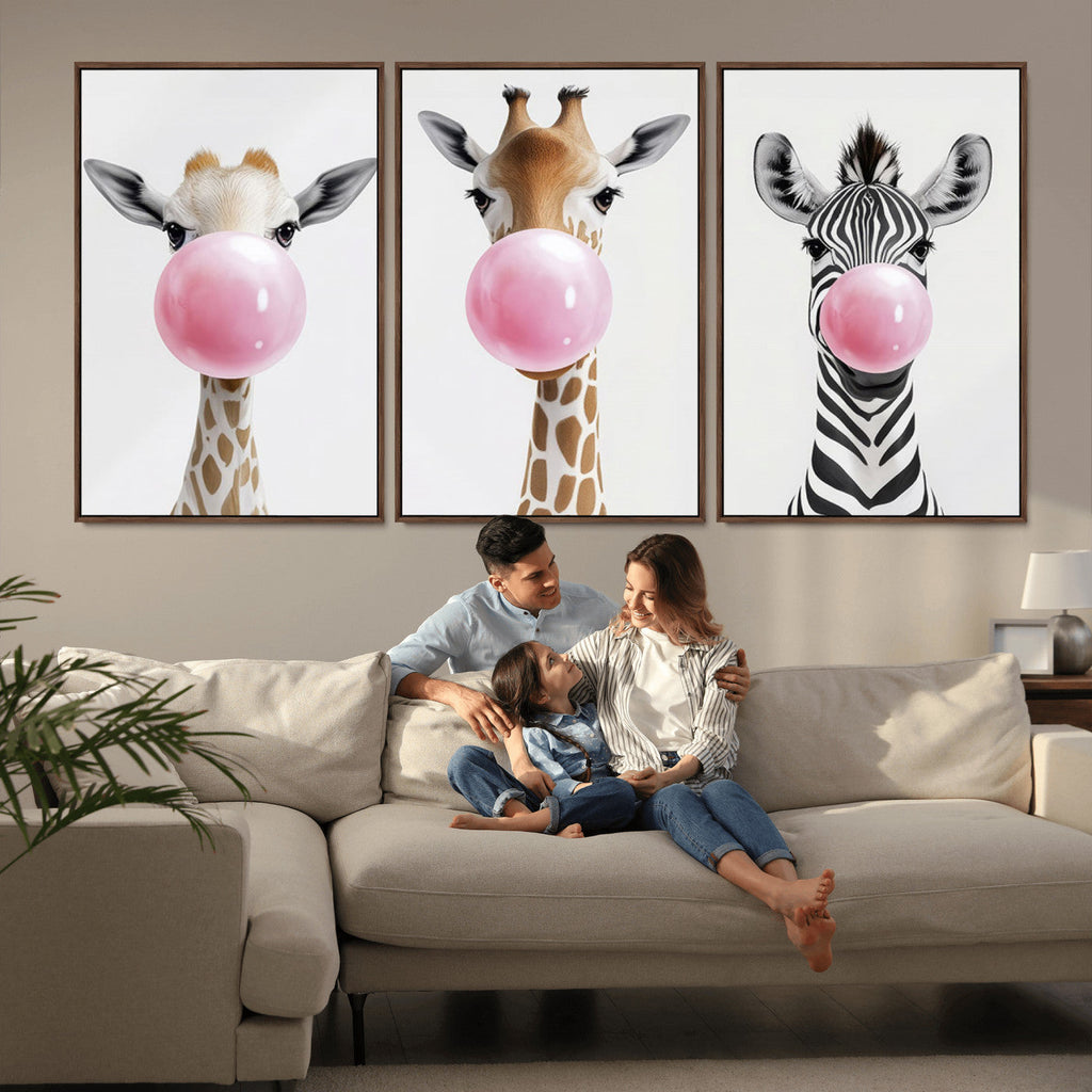 Bubblegum Animals Canvas Wall Art, Playful Giraffe and Zebra Trio, Whimsical Nursery and Kids Room Decor