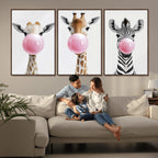 Bubblegum Animals Canvas Wall Art, Playful Giraffe and Zebra Trio, Whimsical Nursery and Kids Room Decor