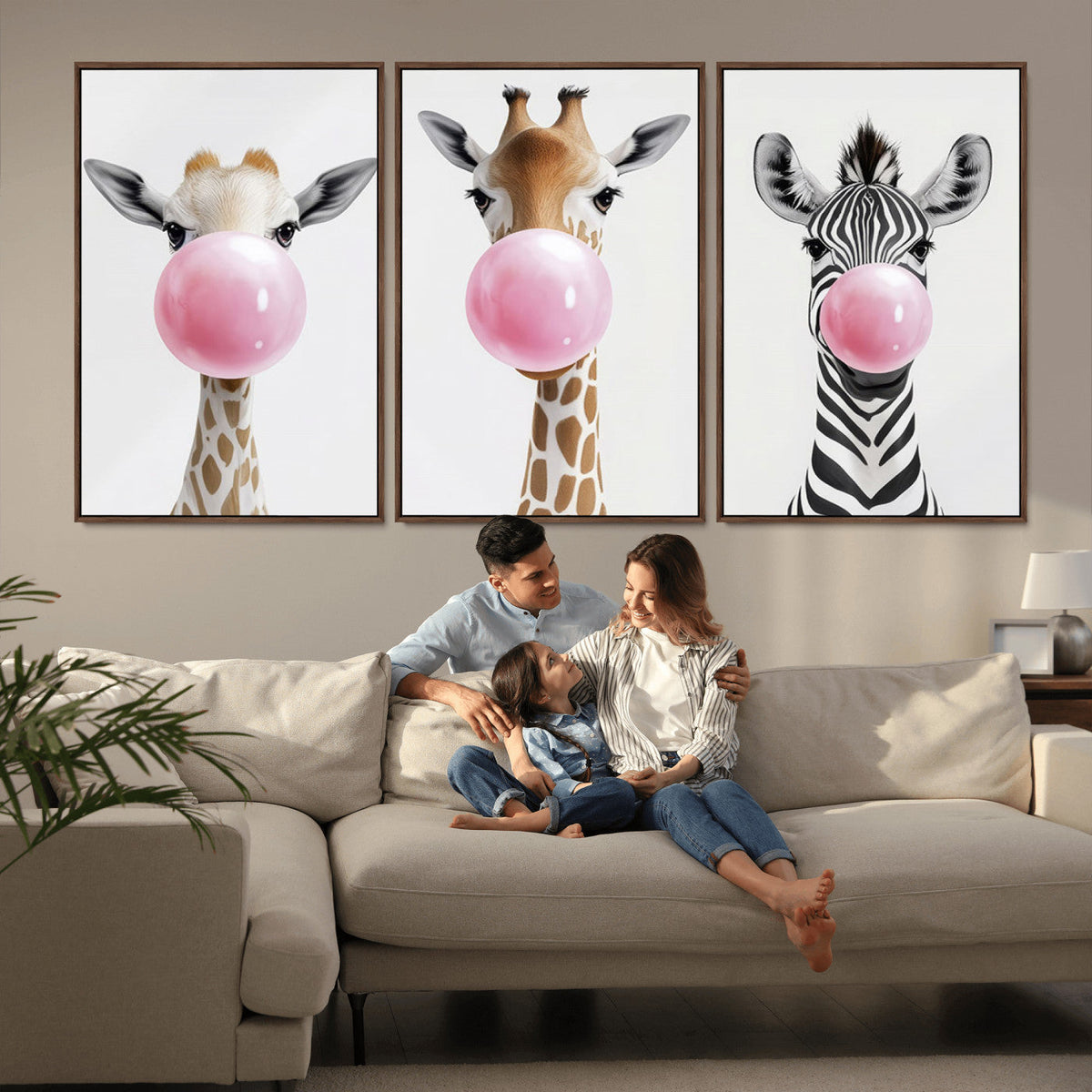 Bubblegum Animals Canvas Wall Art, Playful Giraffe and Zebra Trio, Whimsical Nursery and Kids Room Decor