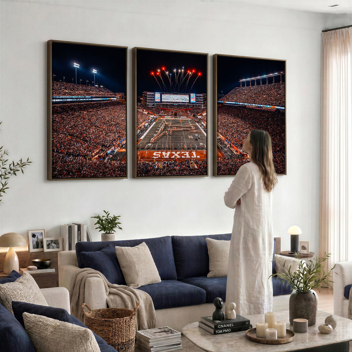 Texas Stadium Night Game Wall Art Canvas Print, Vibrant Football Fireworks Scene