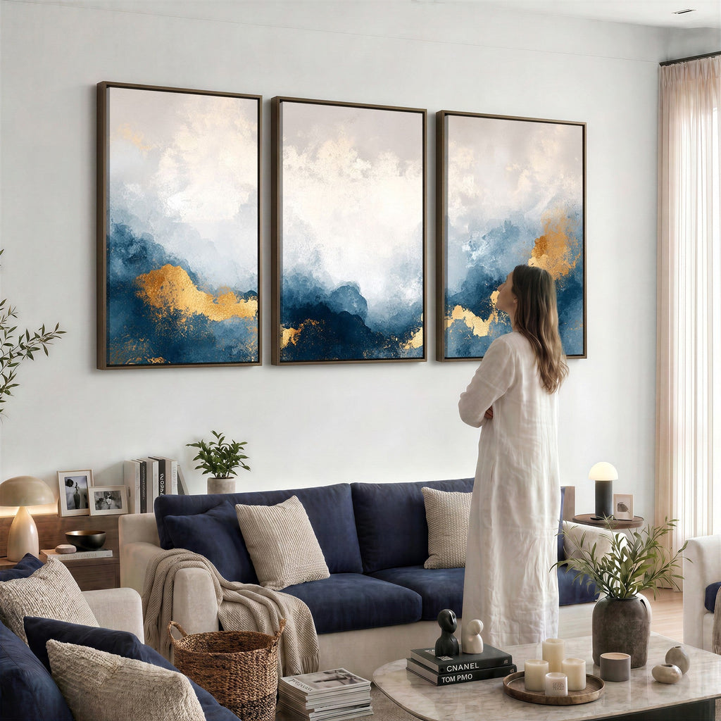 Abstract Blue and Gold Clouds Wall Art Canvas Print, Framed Modern Landscape Artwork