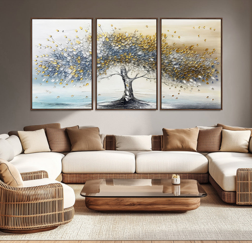 Silver Tree Wall Art | Framed Golden Leaves Canvas Artwork