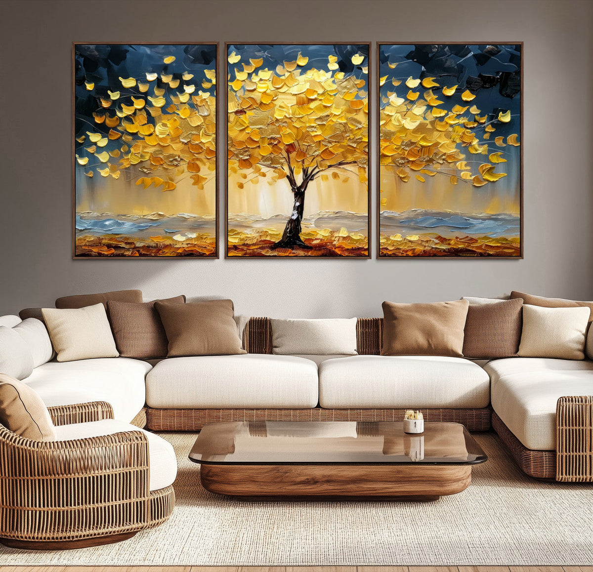 Golden Tree Wall Art | Framed Autumn Leaves Canvas Artwork