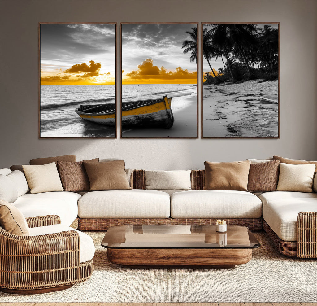 Yellow Rowboat Wall Art | Framed Tropical Shoreline Canvas