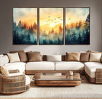 Sunrise Forest Wall Art | Framed Misty Pines Canvas Artwork