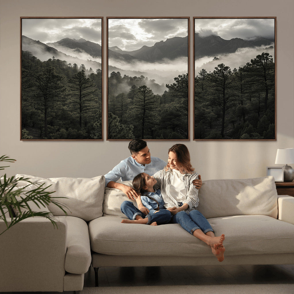 Moody Forest Wall Art | Framed Mountain Fog Canvas Artwork