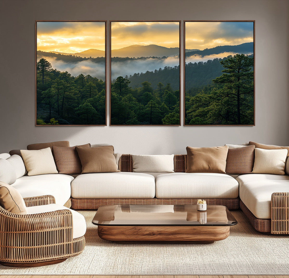 Mountain Sunrise Wall Art | Framed Pine Forest Canvas