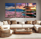 Mount Fuji Cherry Blossom Wall Art Canvas Print | Framed Pagoda Sunset