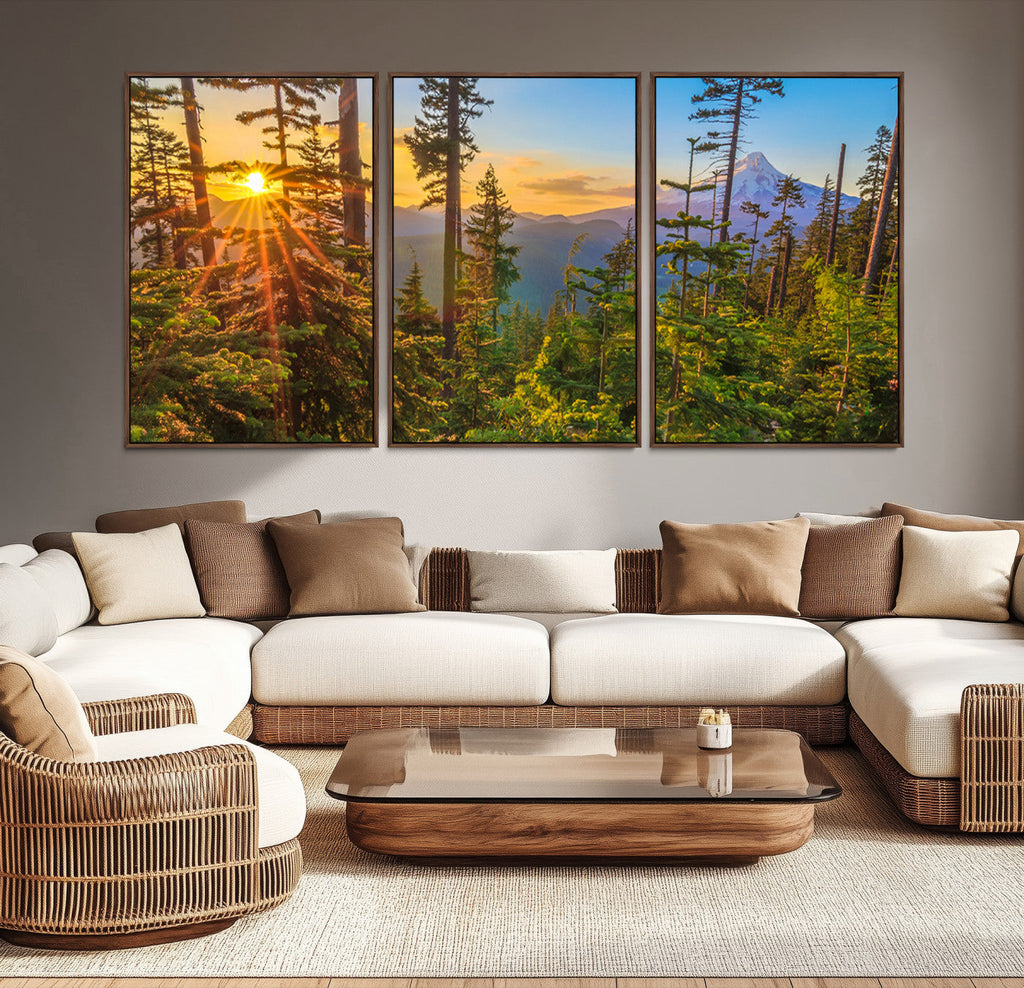 Forest Sunset Wall Art Canvas Print | Green Pines in Golden Light