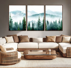 Misty Pine Forest Wall Art, Foggy Mountain Landscape Canvas