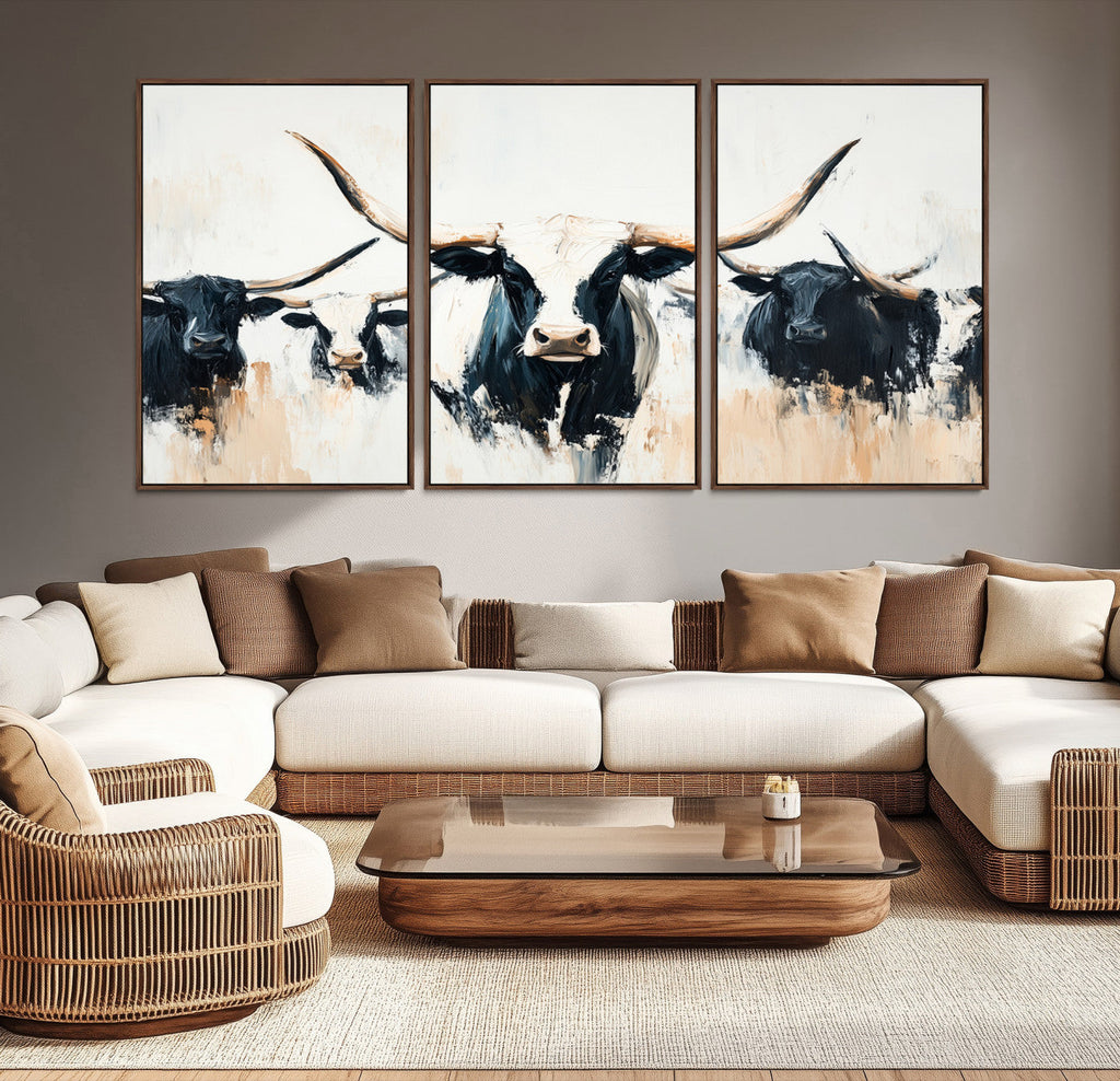 Texas Longhorn Wall Art Canvas Print | Majestic Horned Bull in Black and White