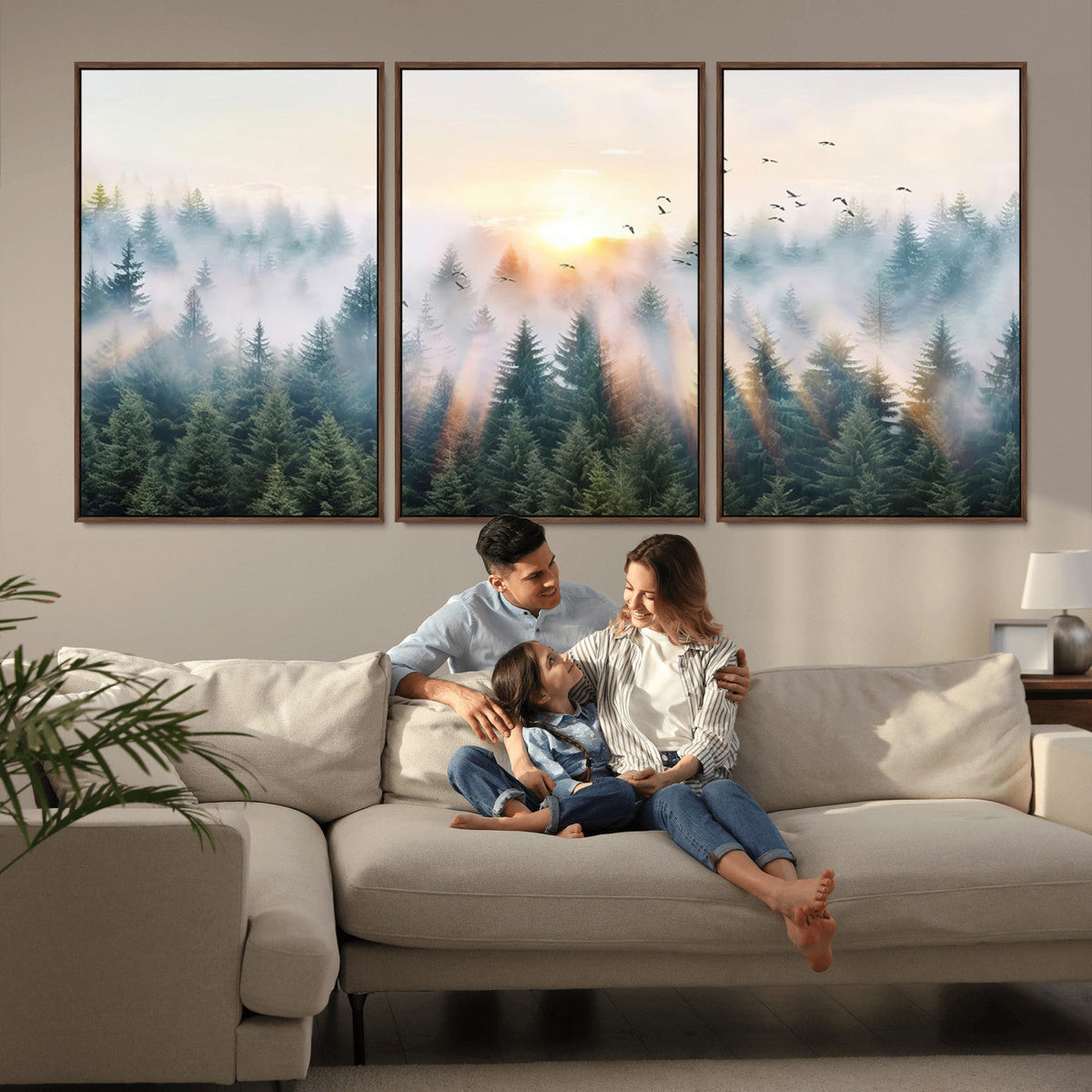 Misty Pine Forest Wall Art Canvas, Sunrise Over Foggy Trees