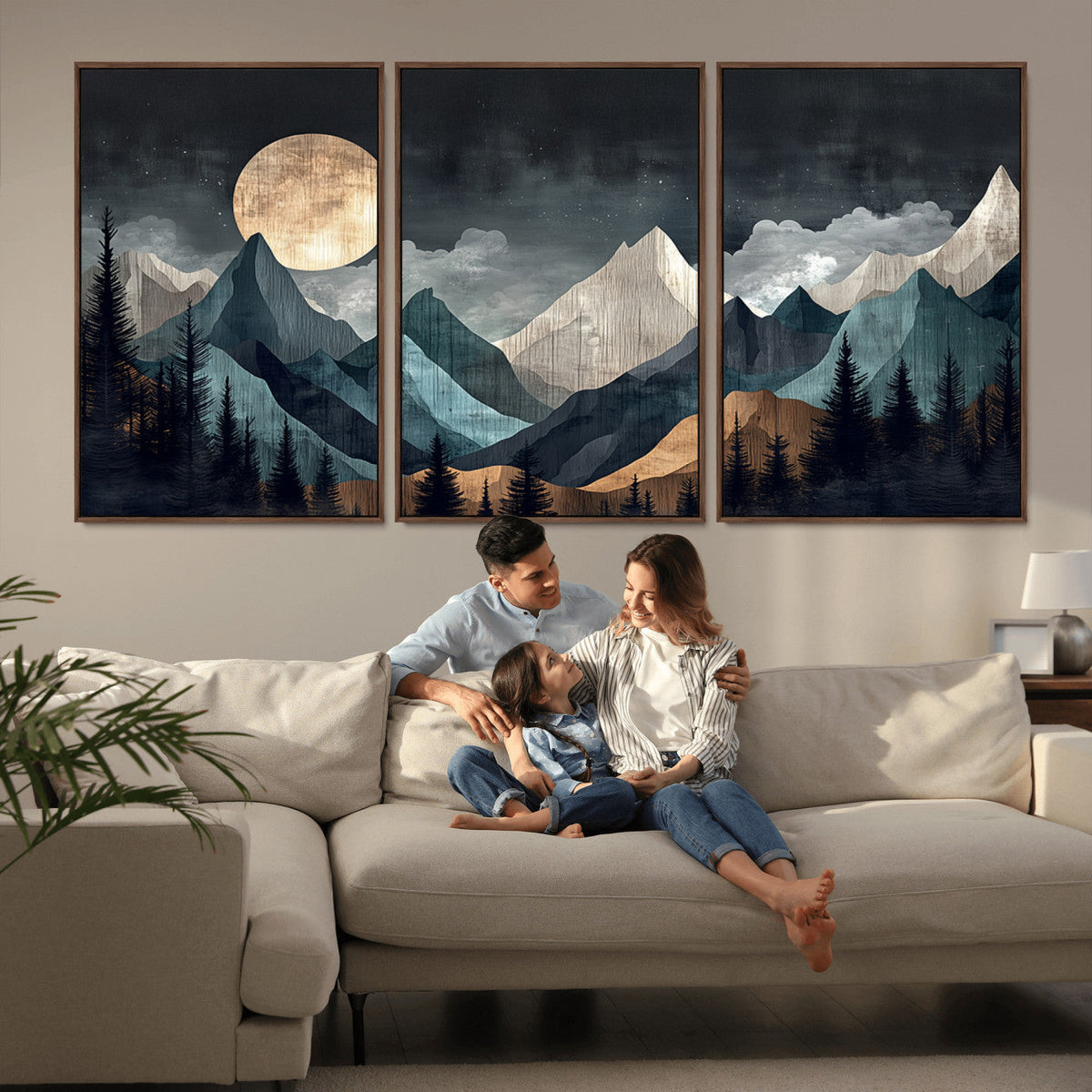 Moonlit Mountain Wall Art Canvas Print, Framed Silhouetted Pines Art, Layered Peaks Rustic Decor