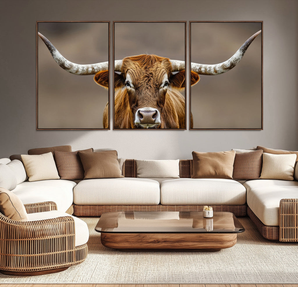 Texas Longhorn Wall Art Canvas Print | Rustic Brown Bull Western Decor