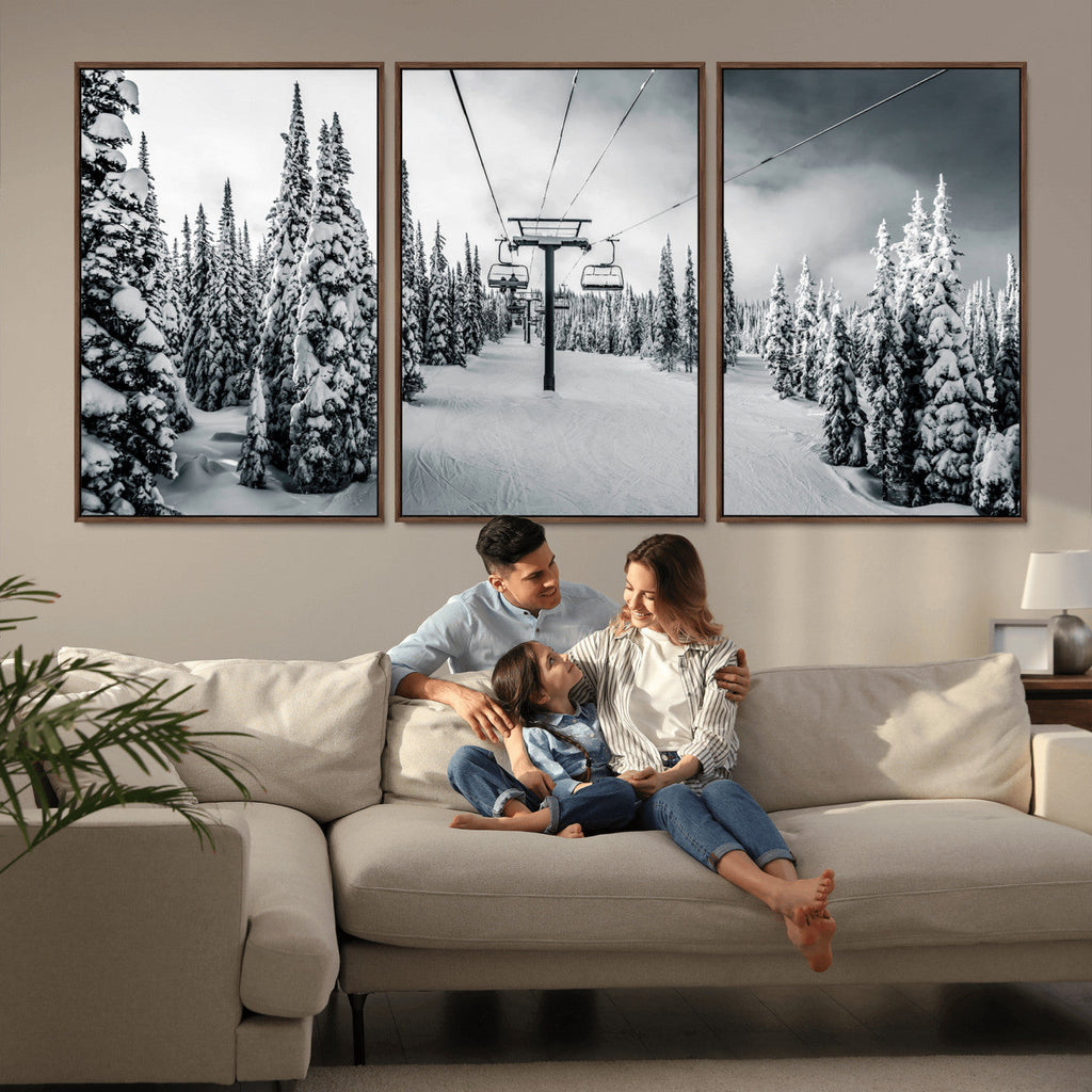 Snowy Pines Wall Art Canvas Print | Ski Lift in a Winter Forest