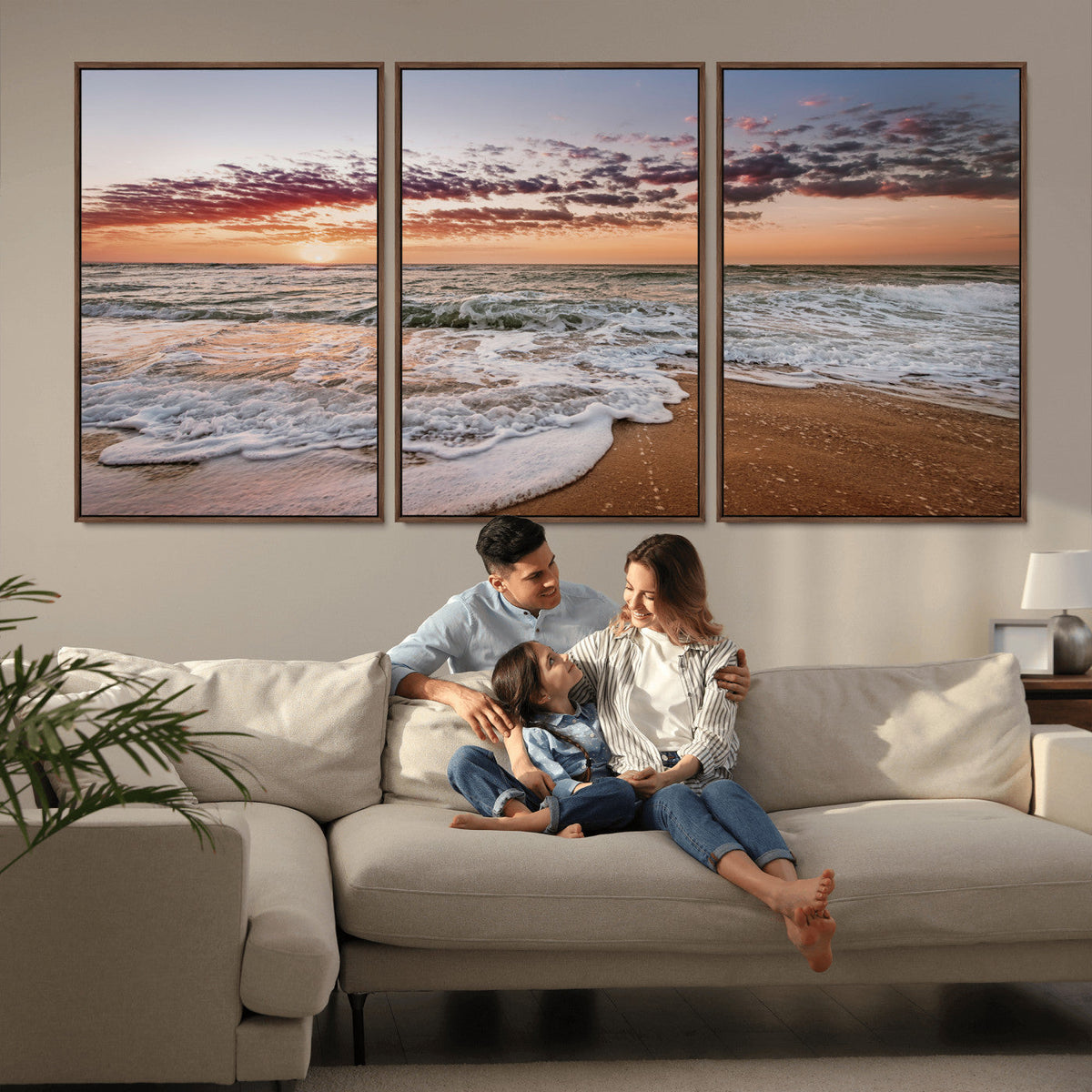Ocean Sunset Wall Art Canvas Print | Sandy Shore and Gentle Waves