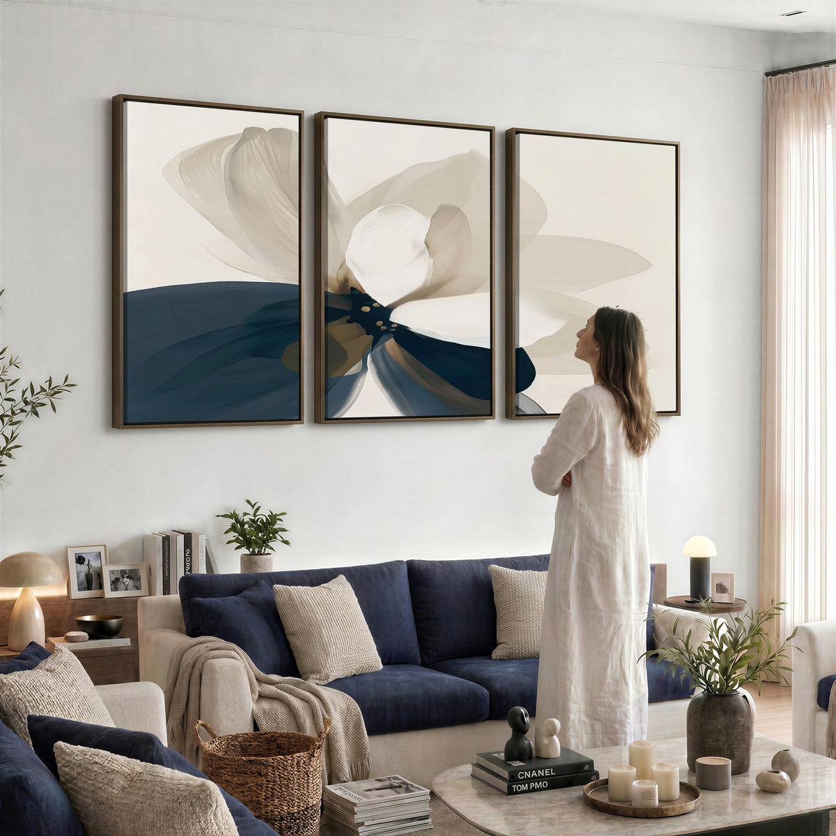 Minimal Flower Wall Art Canvas Print | Framed Beige and Navy Bloom