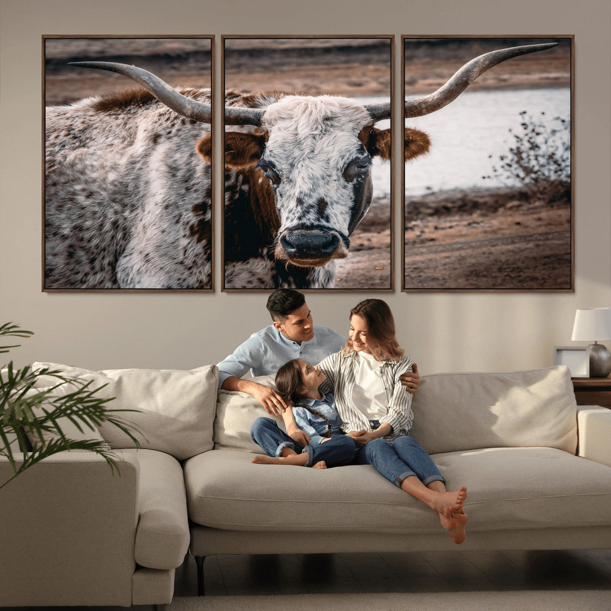 Texas Longhorn Wall Art Canvas Print | Framed Brown and White Spotted Longhorn