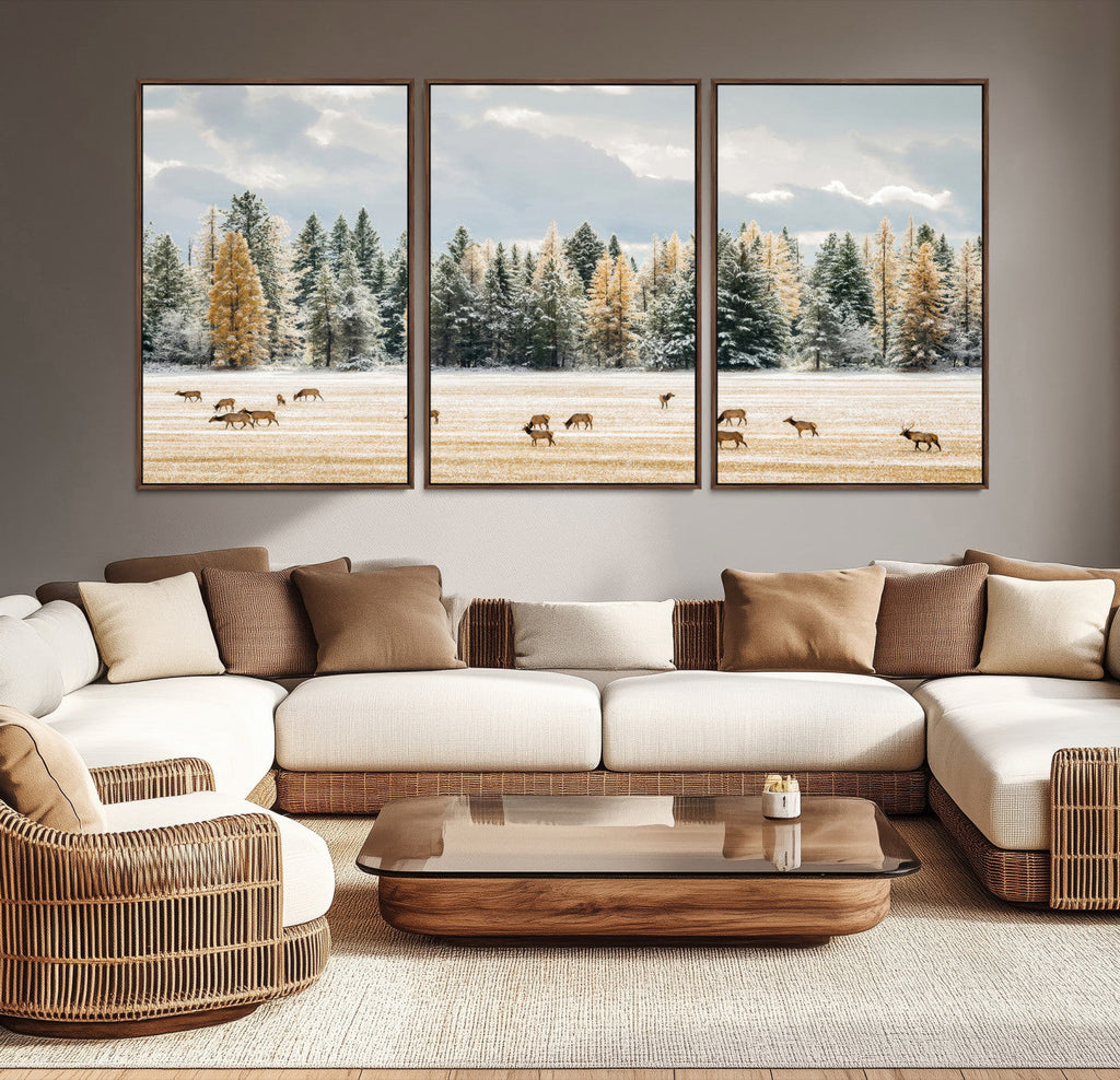 Elk Herd Wall Art, Framed Snowy Forest Canvas Artwork