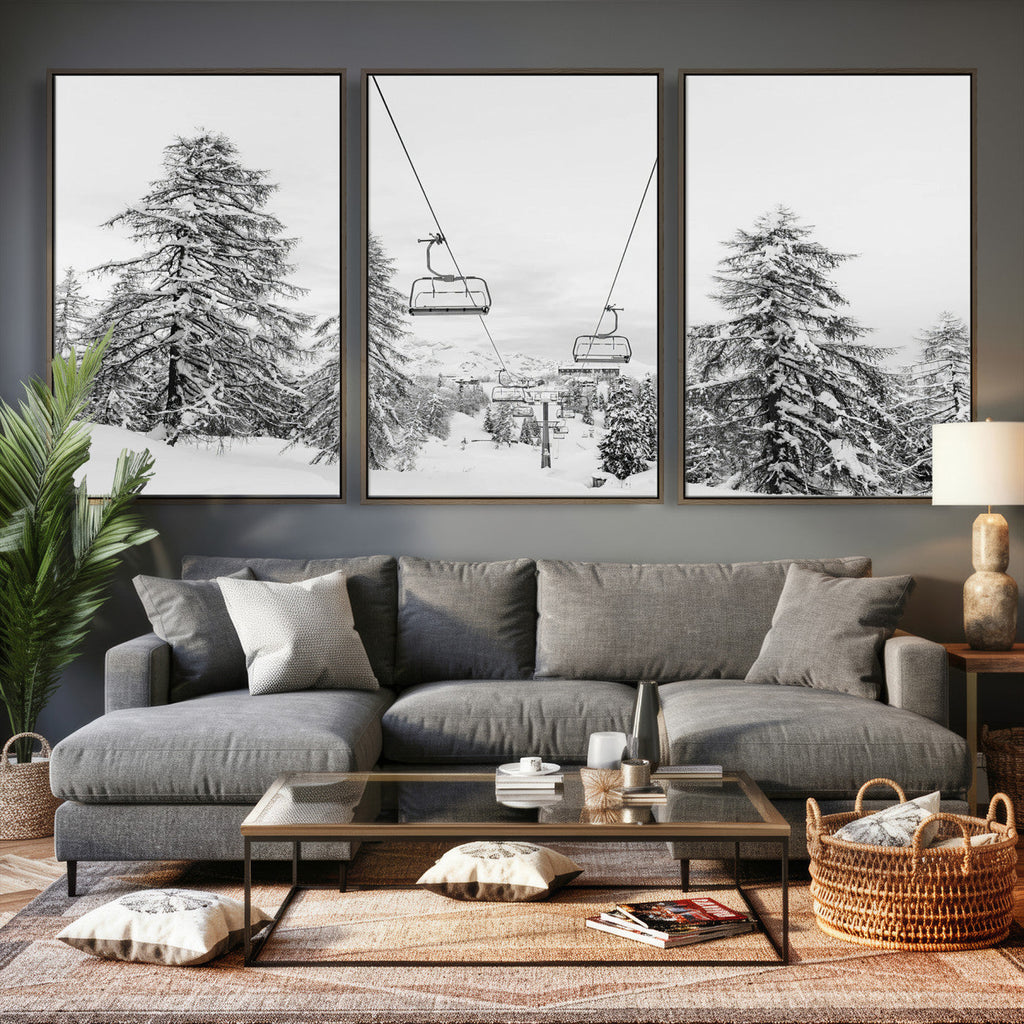 Snowy Ski Lift Wall Art | Framed Winter Forest Canvas