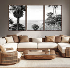 Palm Trees Wall Art Canvas Print, Framed Coastal Ocean Horizon Monochrome Art
