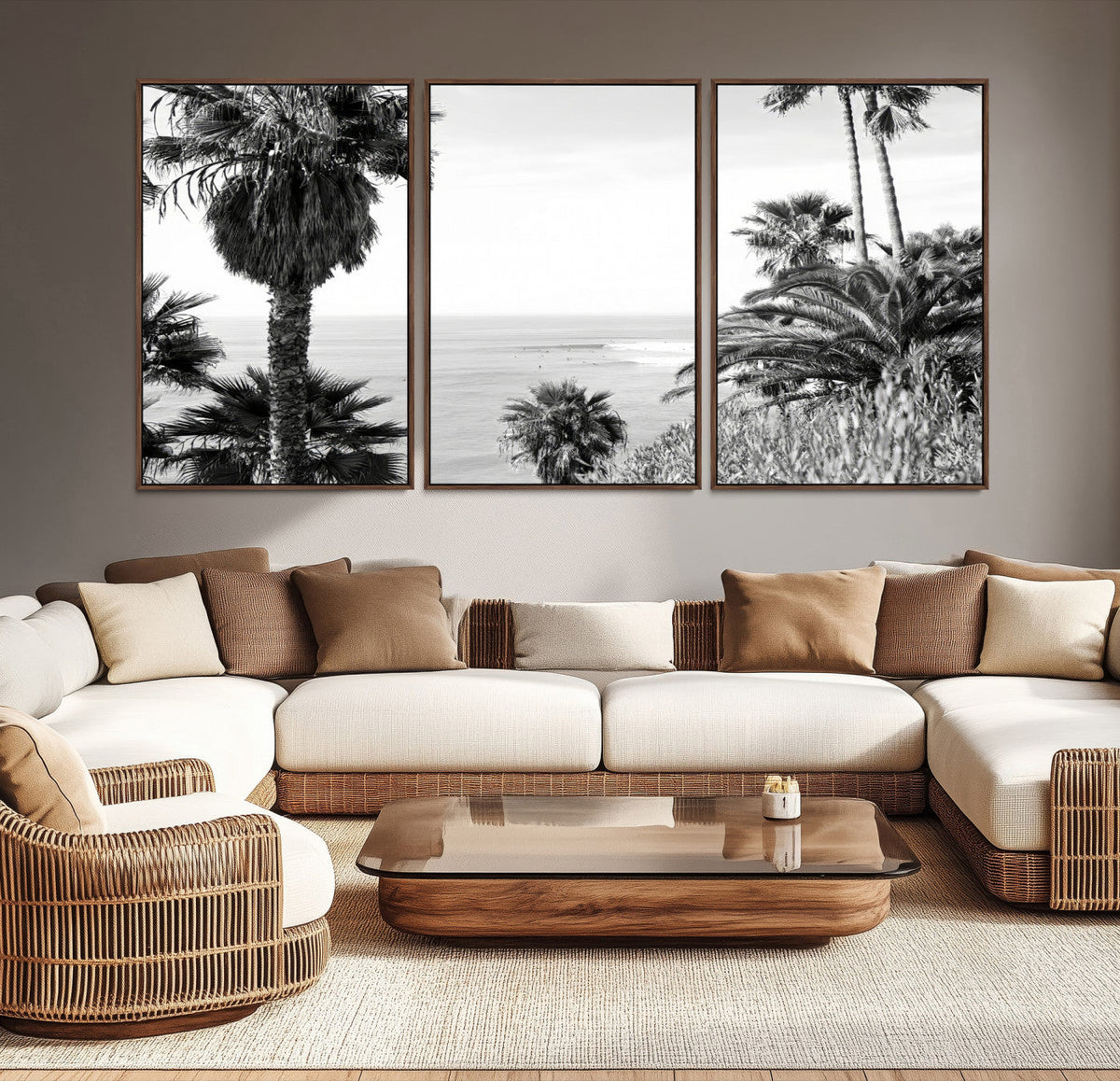Palm Trees Wall Art Canvas Print, Framed Coastal Ocean Horizon Monochrome Art