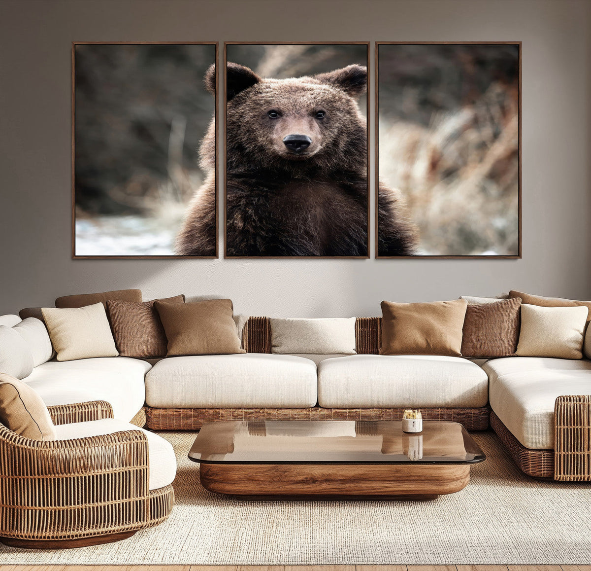 Brown Bear Wall Art Canvas Print, Framed Majestic Woodland Wildlife Cabin Art