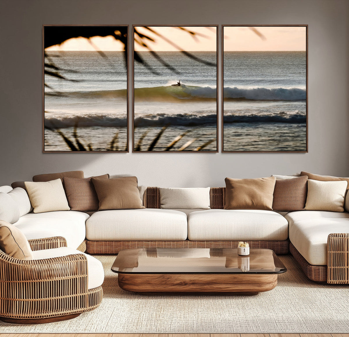 Sunset Surf Wall Art Canvas Print, Framed Golden Hour Waves Boho Beach Art