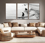 Surfers on Waves Wall Art Canvas Print | Framed Black and White Surf