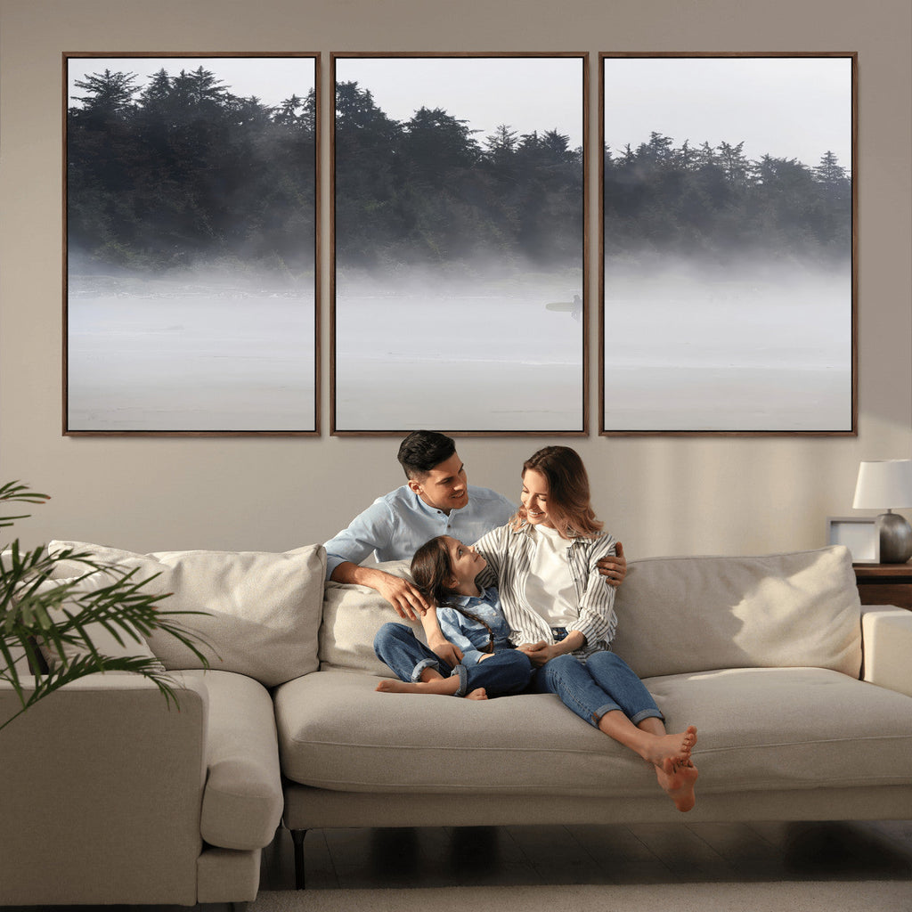 Surfer Fog Wall Art Canvas Print, Framed Foggy Beach and Coastal Surf Scene