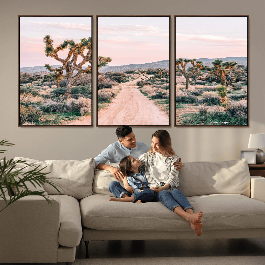 Joshua Tree Wall Art Canvas Print, Framed Desert Road Scene at Sunset