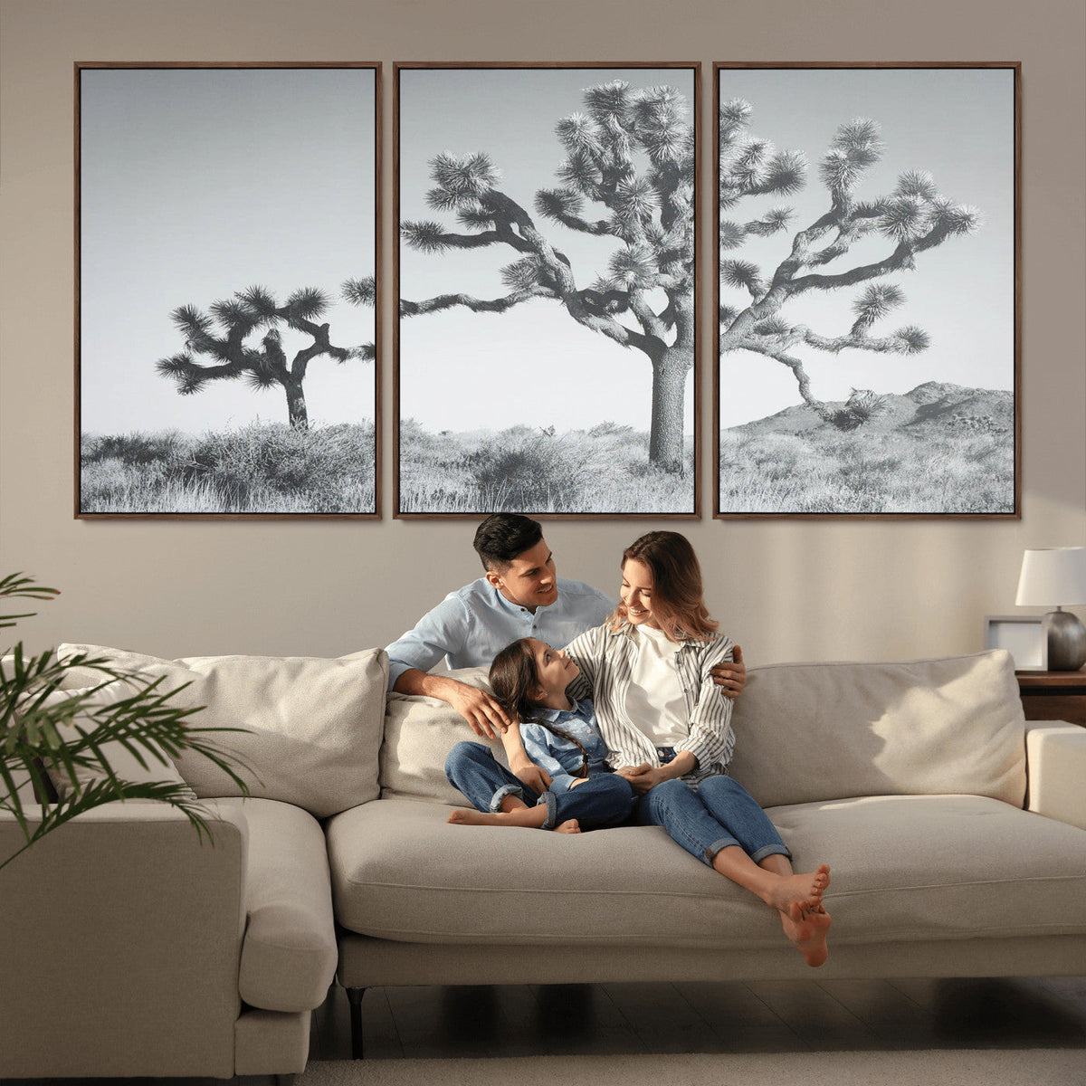 Joshua Tree Wall Art Canvas Print, Framed Black and White Desert Landscape Artwork