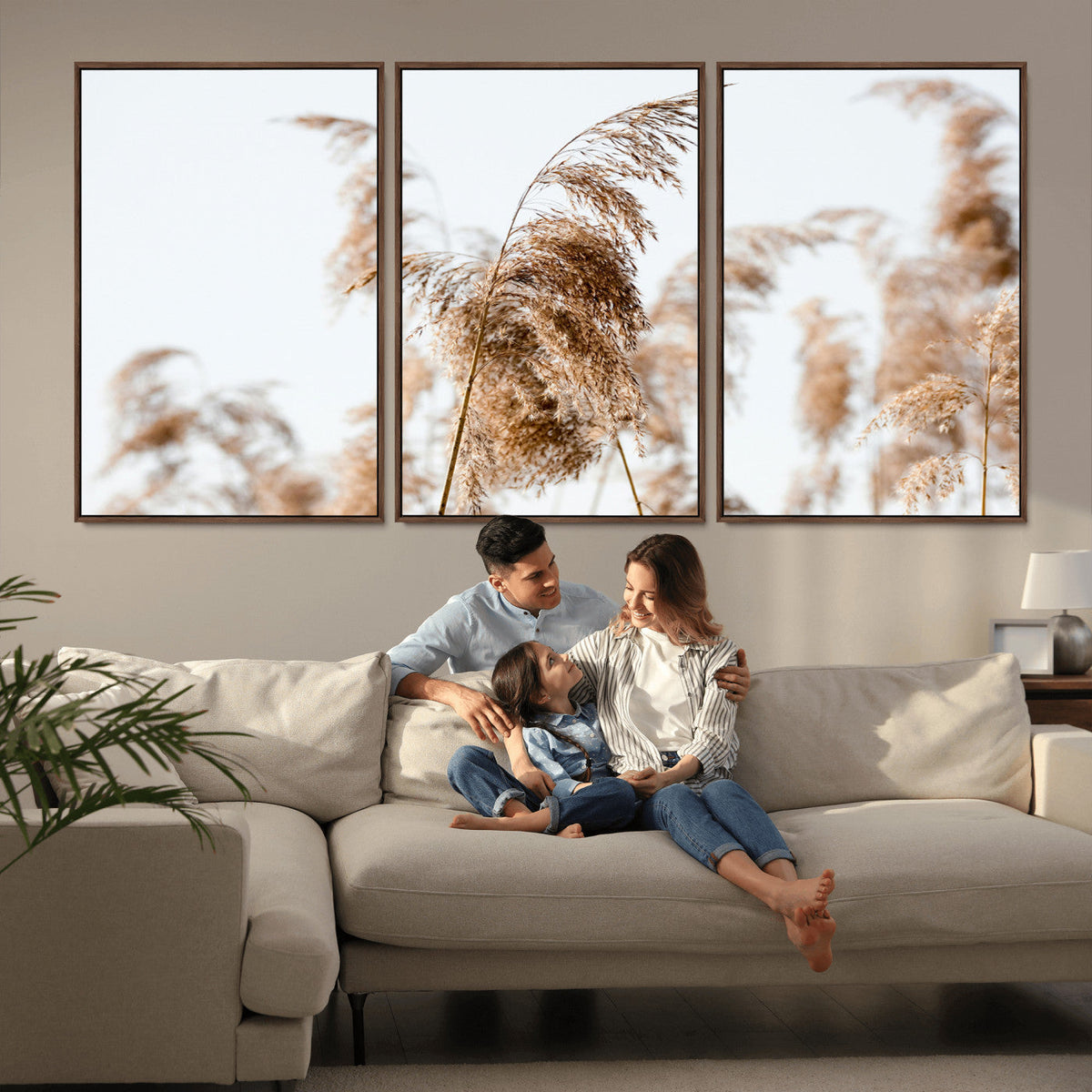 Pampas Grass Wall Art Canvas Print, Framed Neutral Tones Minimalist Boho