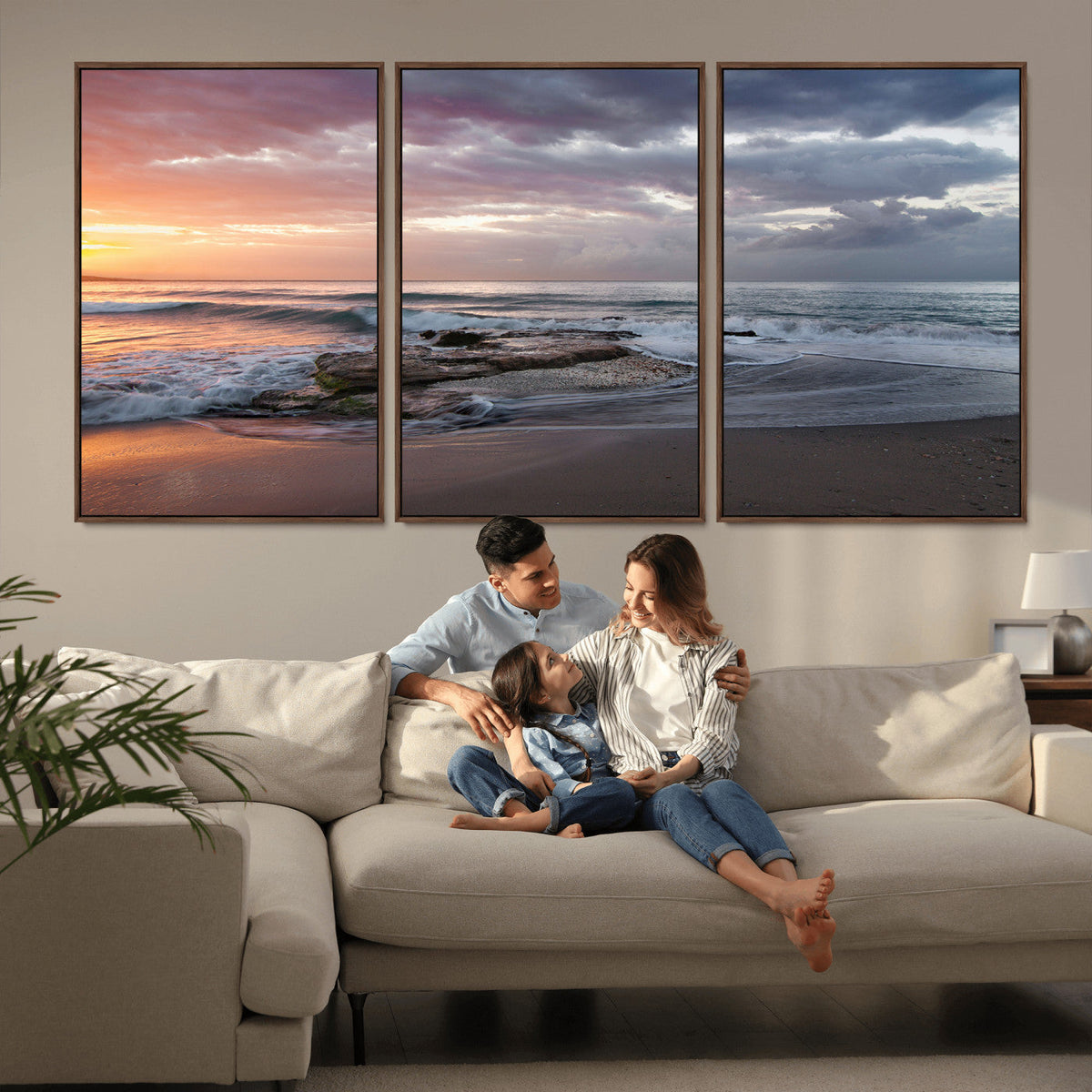 Golden Hour Wall Art Canvas Print, Framed Tranquil Waves Beach Sunset
