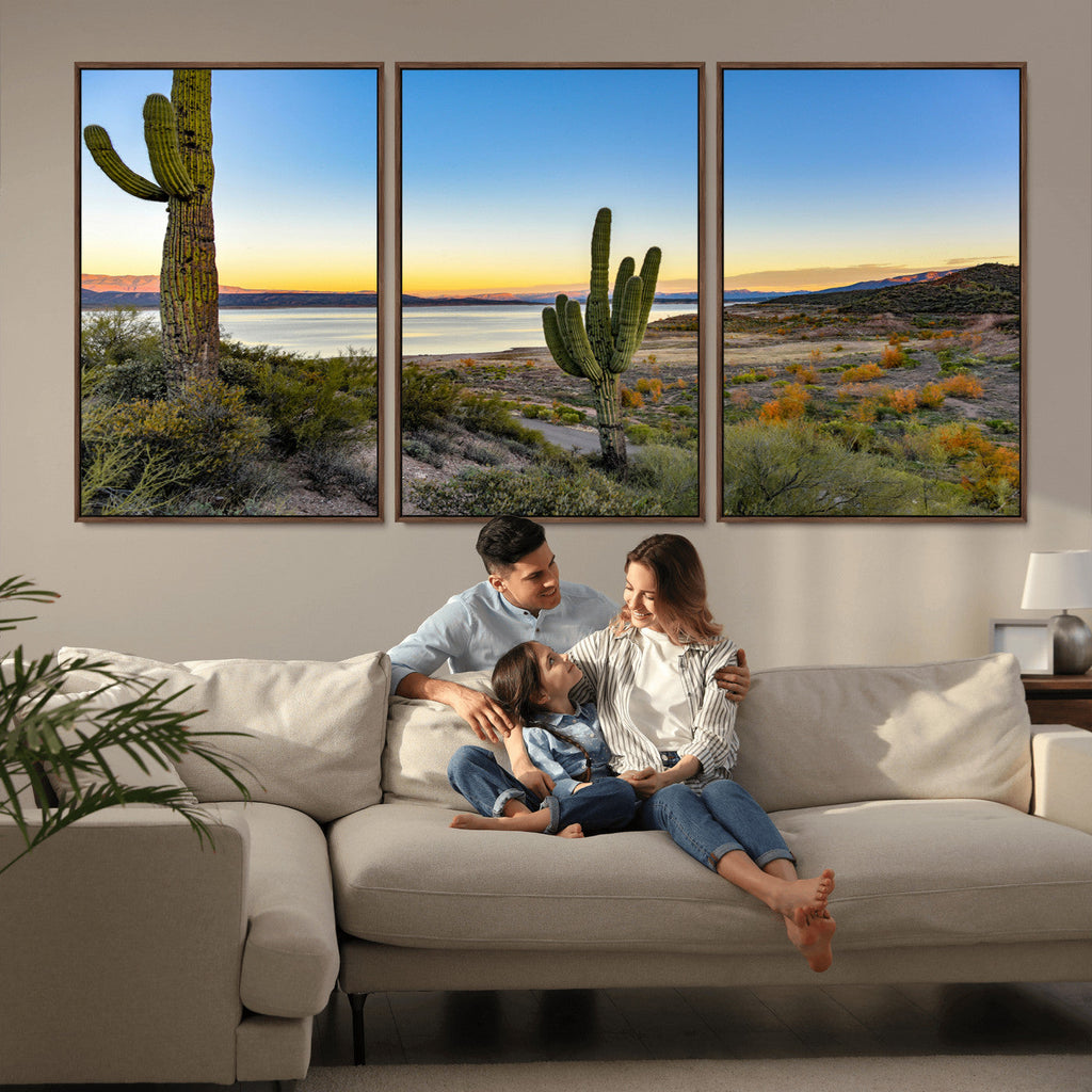 Saguaro Cactus Wall Art Canvas Print, Framed Desert Sunset Southwestern