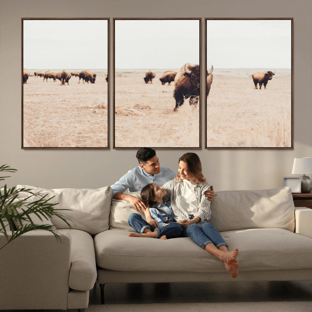 Bison Herd Wall Art Canvas Print, Framed Western Prairie Serenity