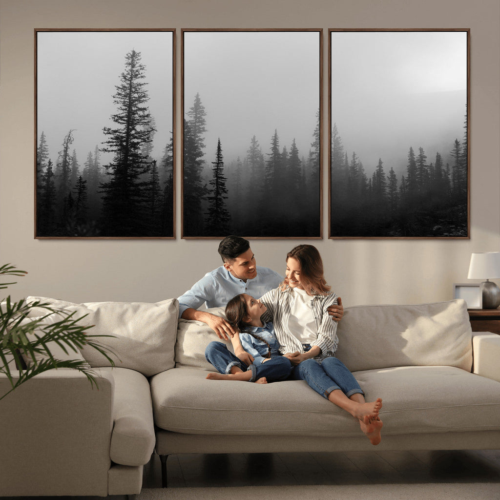 Misty Pines Wall Art Canvas Print, Framed Woodland Minimalist Black and White