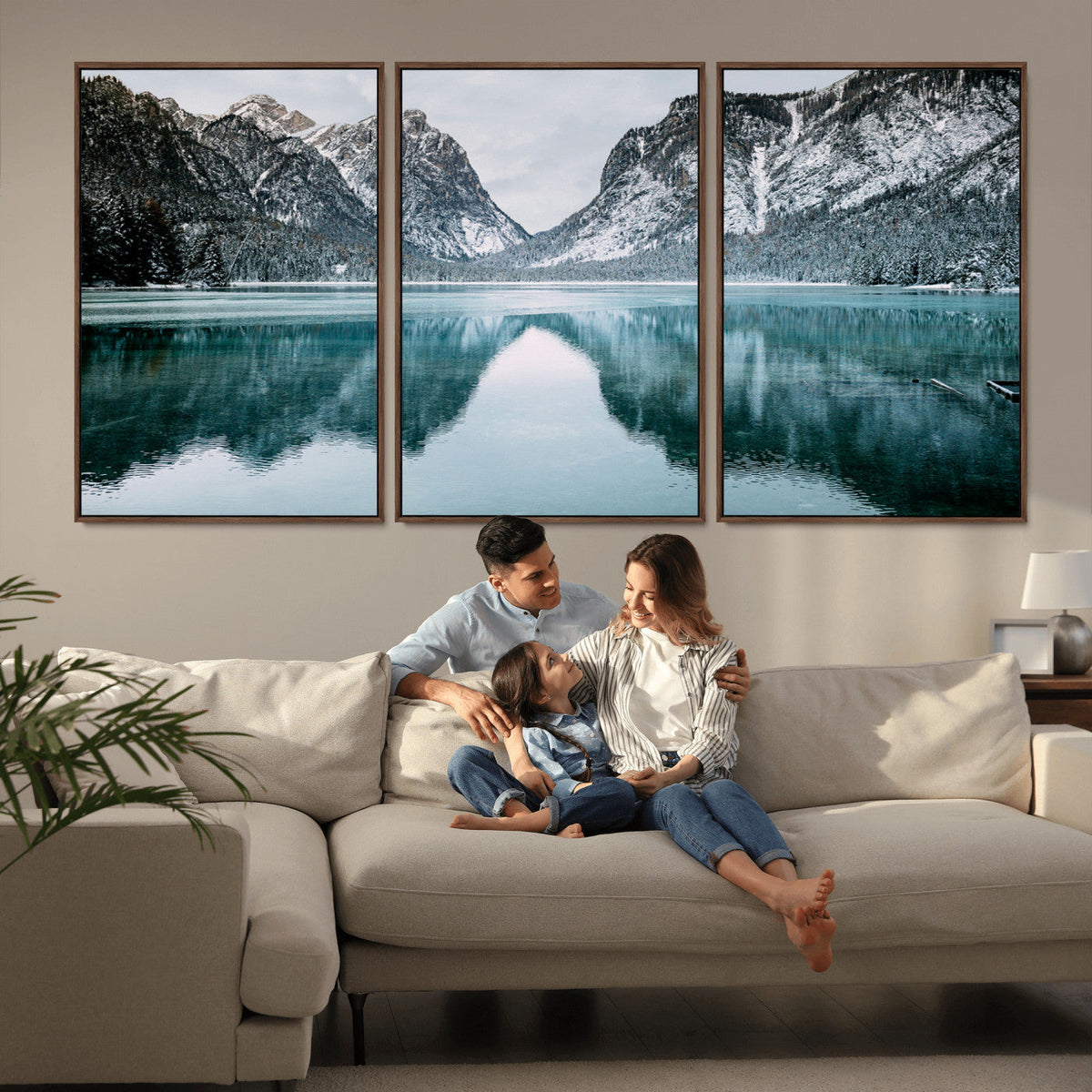 Mountain Lake Wall Art Canvas Print, Framed Toblacher See Winter Wonderland