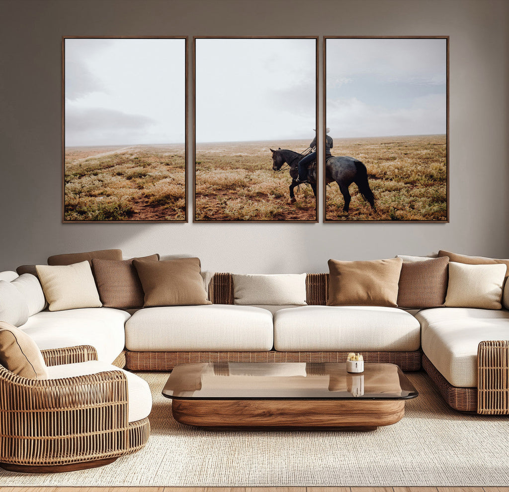 Cowboy Wall Art Canvas Print, Framed Western Rustic Ranch Scene