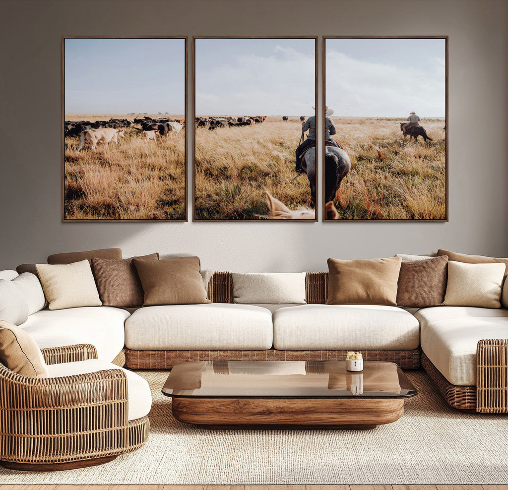Western Wall Art Canvas Print, Framed Cowboy Cattle Drive Scene