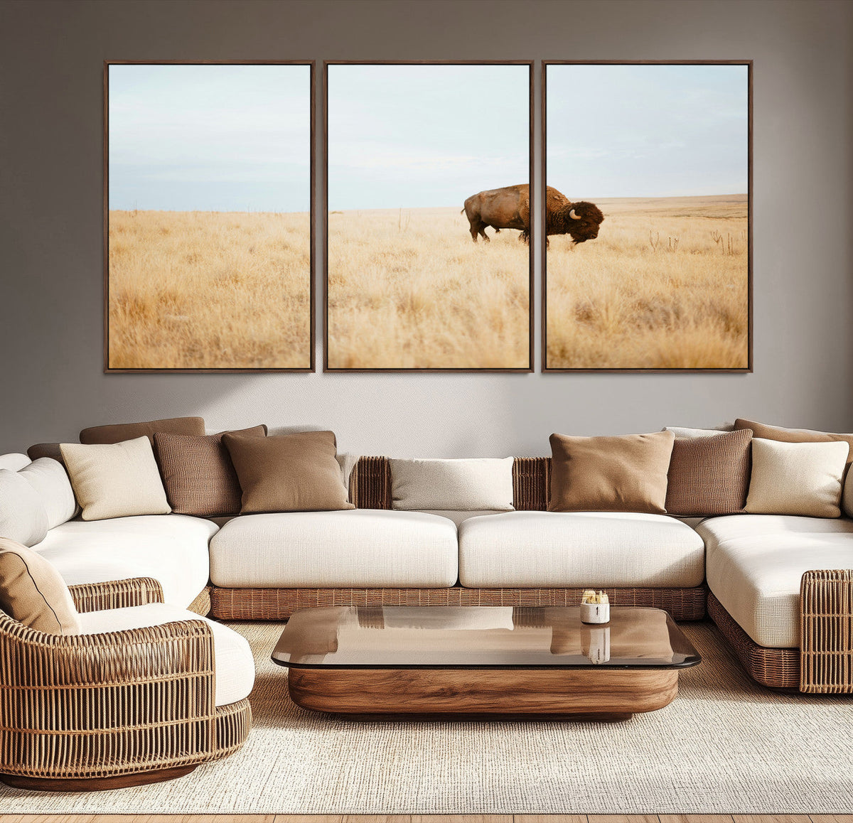 Buffalo Wall Art Canvas Print, Framed Western Wildlife Rustic Prairie Scene