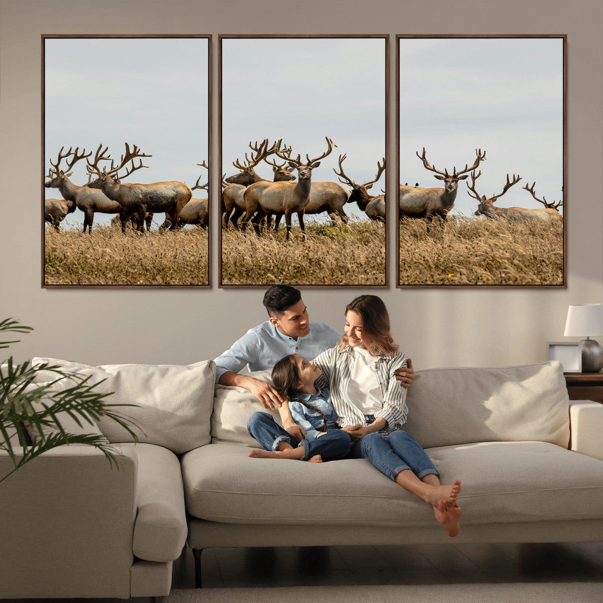 Elk Herd Wall Art Canvas Print, Framed Wildlife Photography Art, Majestic Antlers Rustic Wildlife Decor