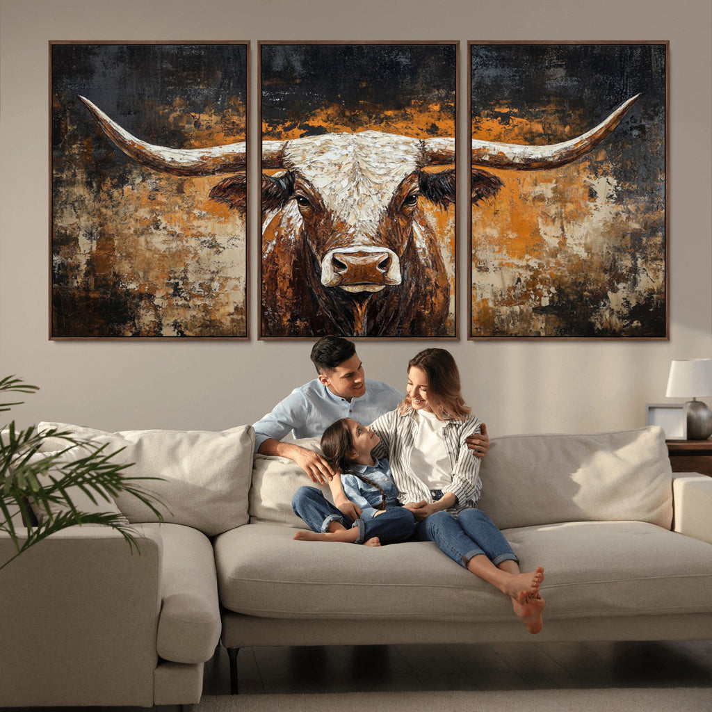 Abstract Longhorn Bull Wall Art Canvas Print, Vintage Western Texas Steer Artwork